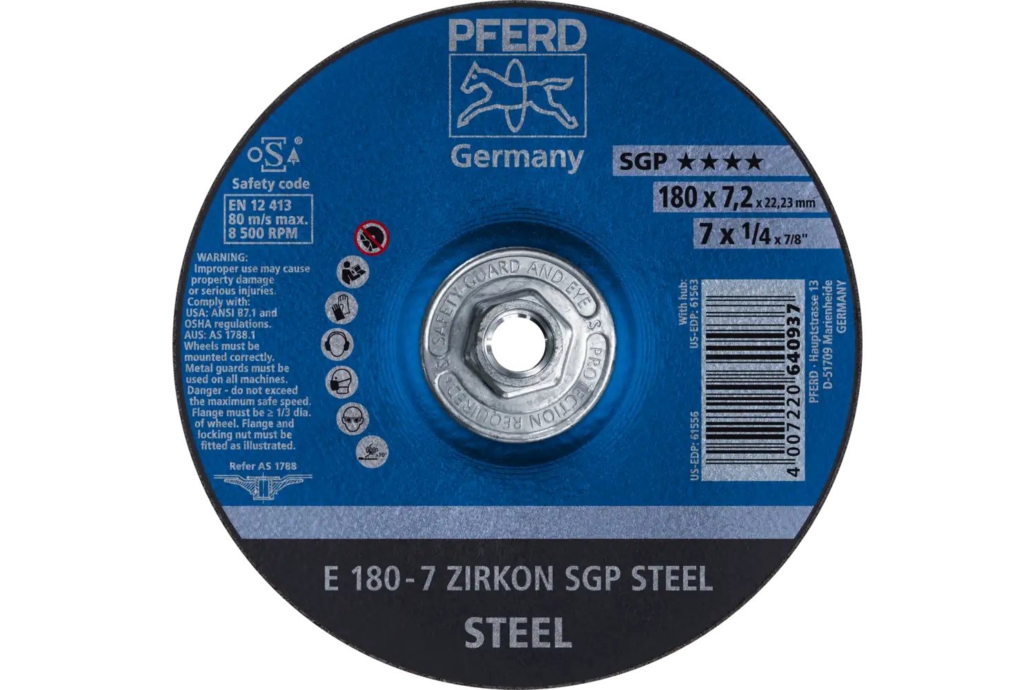 Picture of Pferd Grinding Wheel, 7" X 1/4 X 5/8-11, Sgp Zirkon Steel, T27, Ao, Sic